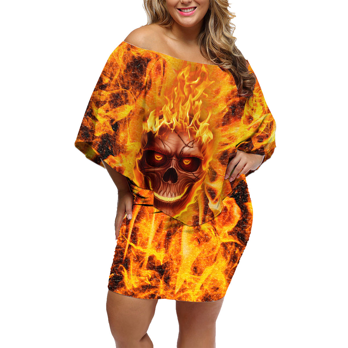 Three Skulls Flaming Family Matching Off Shoulder Short Dress and Hawaiian Shirt High On Fire - Wonder Print Shop