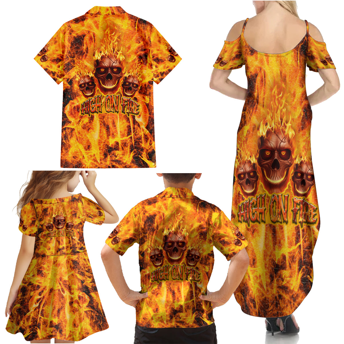 Three Skulls Flaming Family Matching Summer Maxi Dress and Hawaiian Shirt High On Fire - Wonder Print Shop