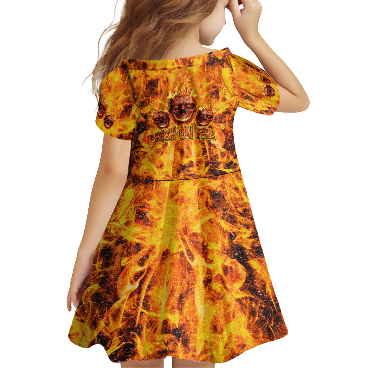Three Skulls Flaming Kid Short Sleeve Dress High On Fire - Wonder Print Shop