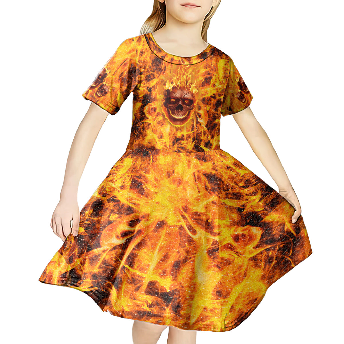 Three Skulls Flaming Kid Short Sleeve Dress High On Fire - Wonder Print Shop