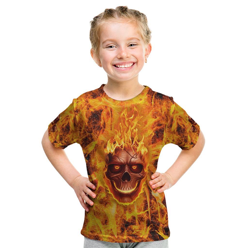Three Skulls Flaming Kid T Shirt High On Fire - Wonder Print Shop