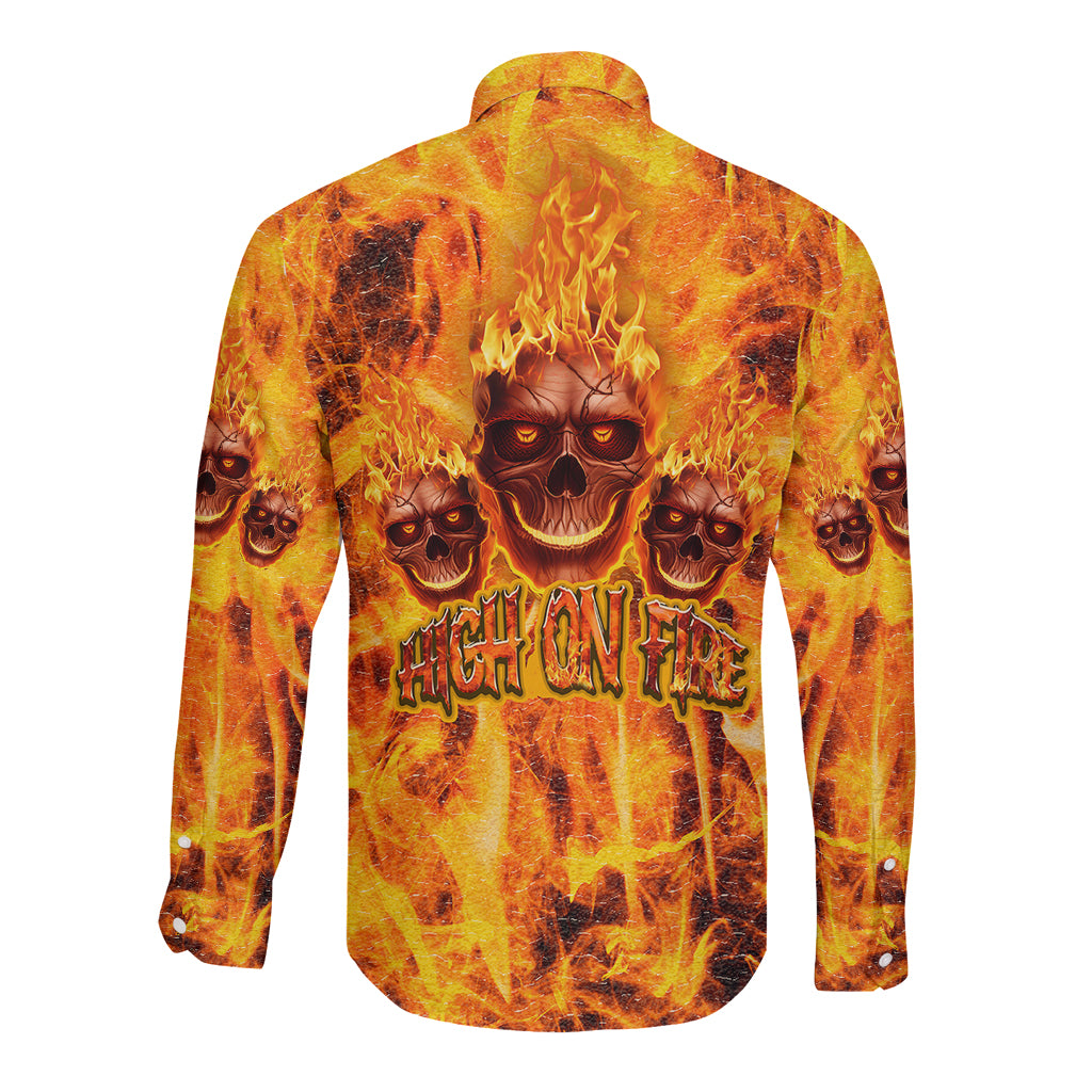 Three Skulls Flaming Long Sleeve Button Shirt High On Fire - Wonder Print Shop