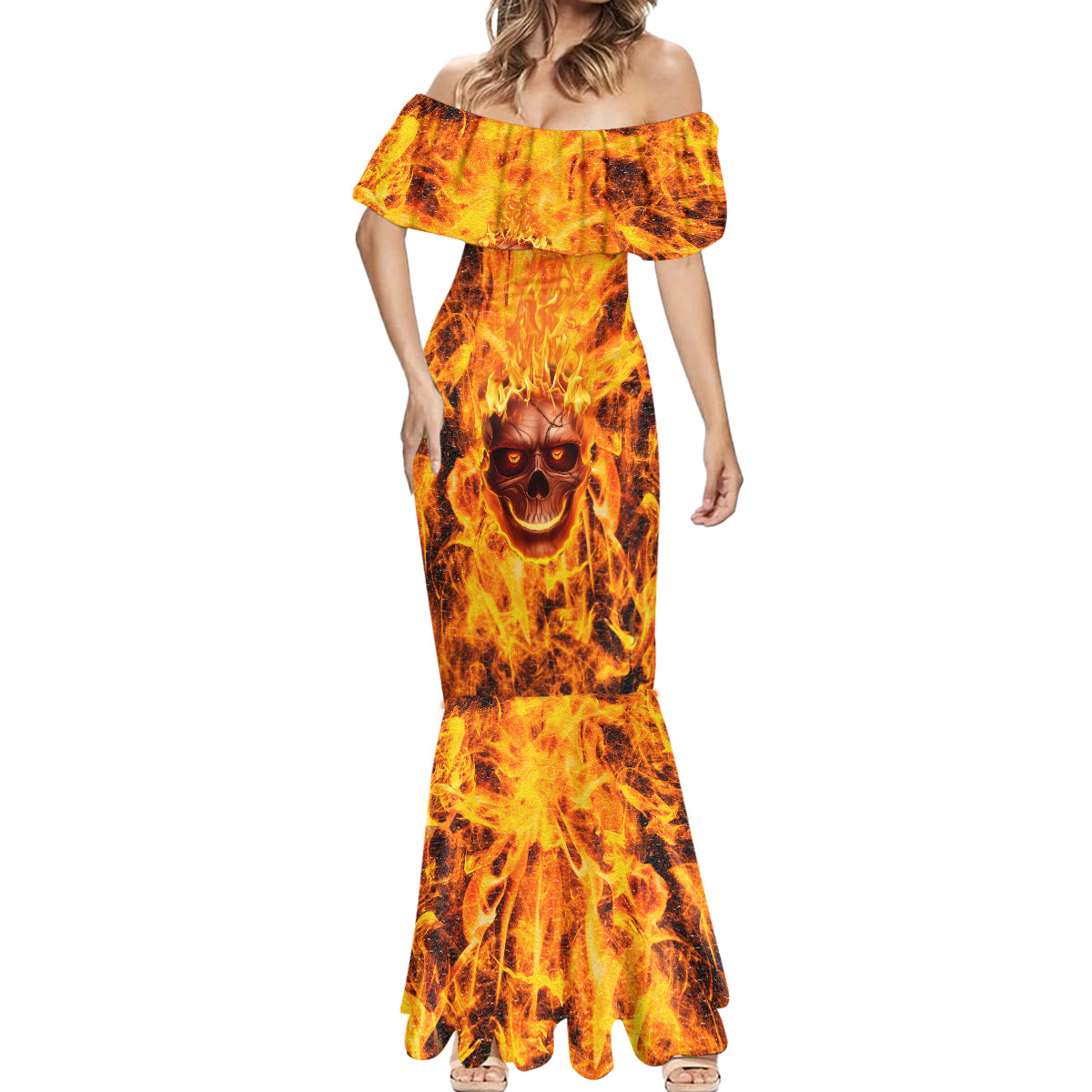Three Skulls Flaming Mermaid Dress High On Fire - Wonder Print Shop