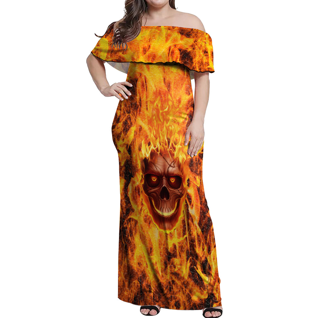 Three Skulls Flaming Off Shoulder Maxi Dress High On Fire - Wonder Print Shop