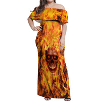 Three Skulls Flaming Off Shoulder Maxi Dress High On Fire - Wonder Print Shop