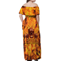 Three Skulls Flaming Off Shoulder Maxi Dress High On Fire - Wonder Print Shop