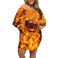 Three Skulls Flaming Off Shoulder Short Dress High On Fire - Wonder Print Shop