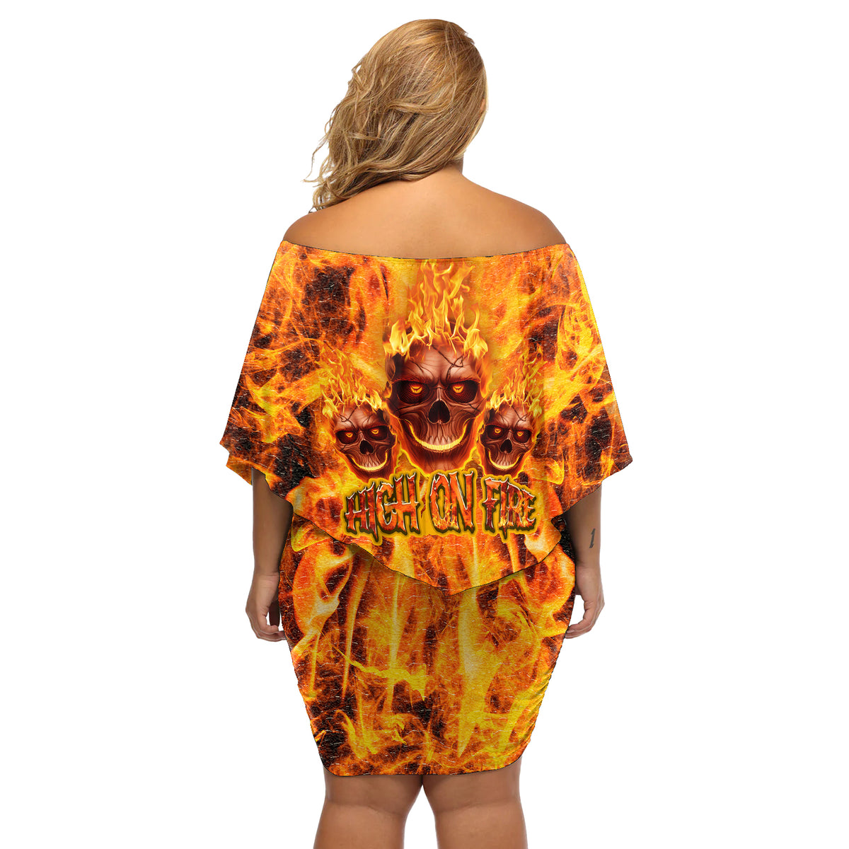 Three Skulls Flaming Off Shoulder Short Dress High On Fire - Wonder Print Shop