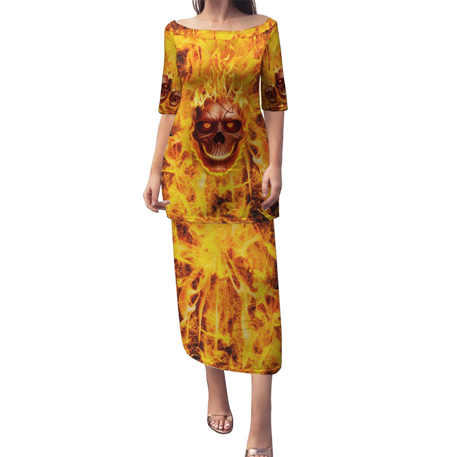 Three Skulls Flaming Puletasi High On Fire - Wonder Print Shop