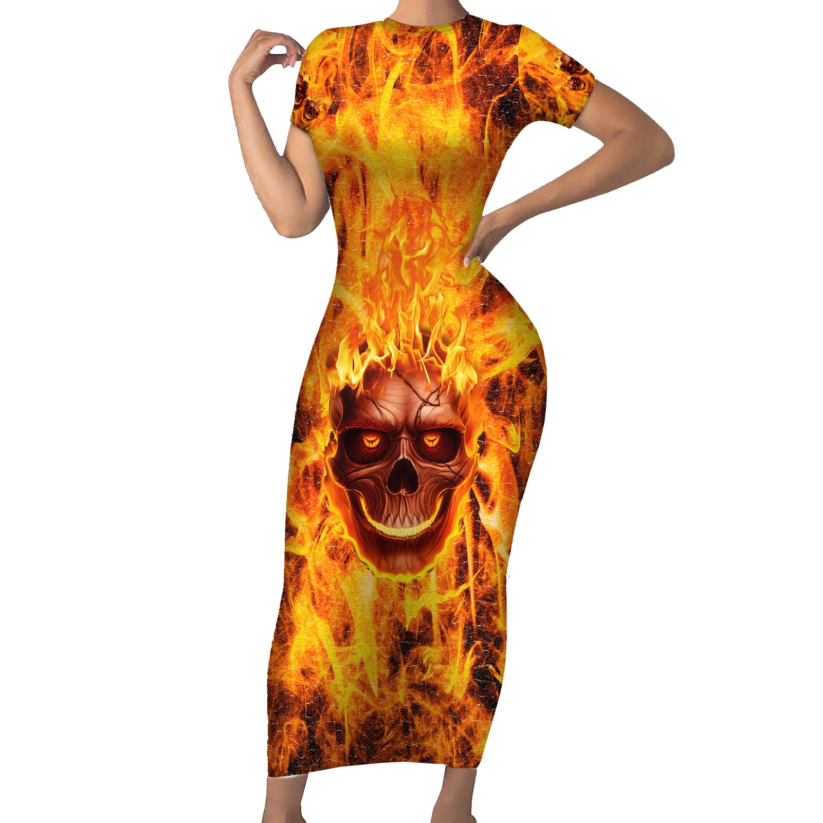 Three Skulls Flaming Short Sleeve Bodycon Dress High On Fire - Wonder Print Shop