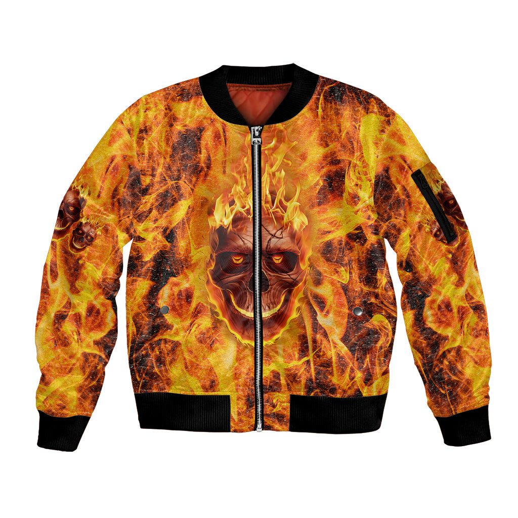 Three Skulls Flaming Sleeve Zip Bomber Jacket High On Fire - Wonder Print Shop
