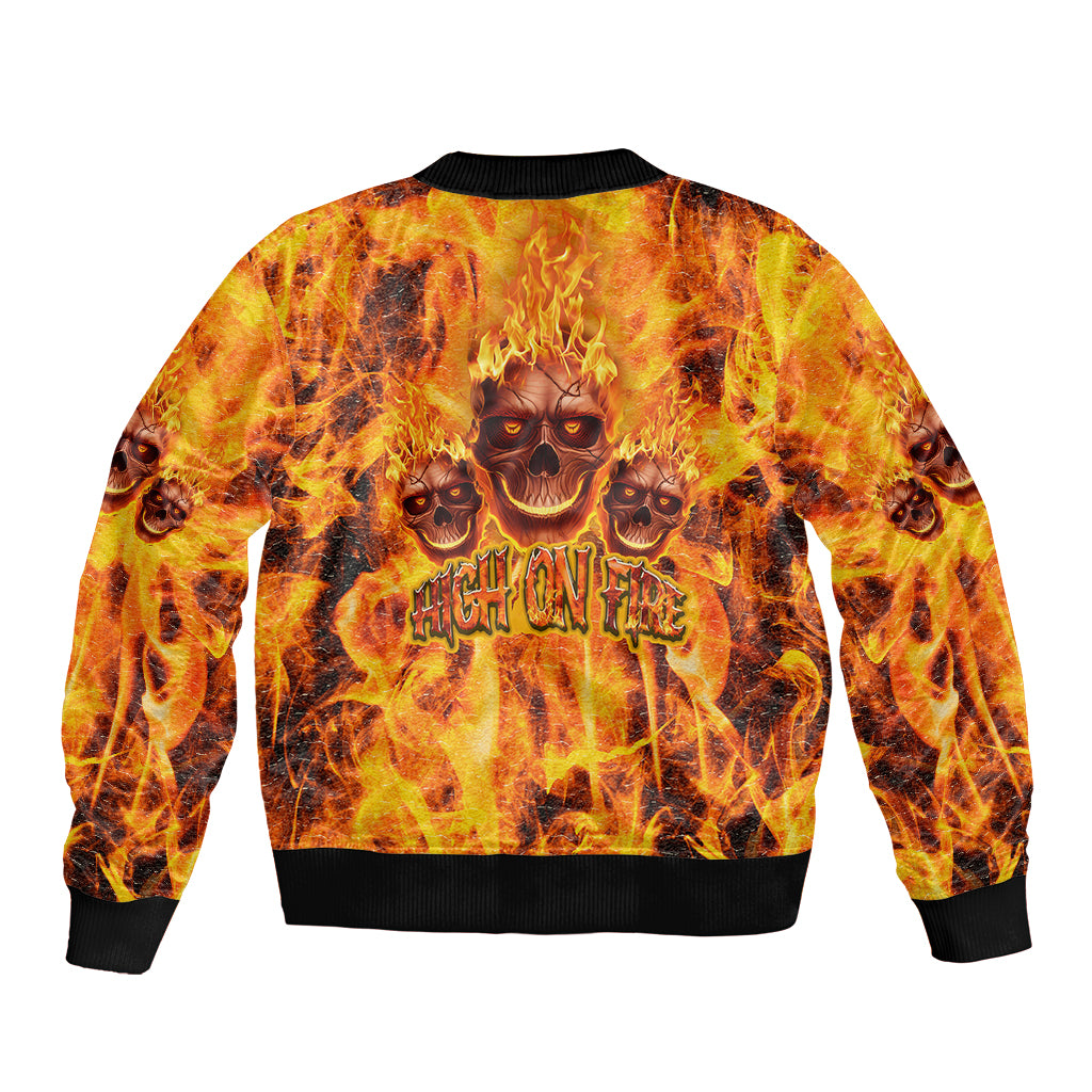 Three Skulls Flaming Sleeve Zip Bomber Jacket High On Fire - Wonder Print Shop