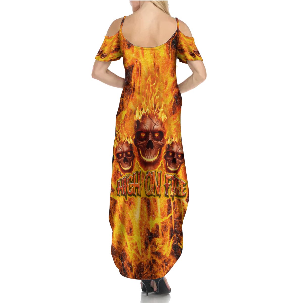 Three Skulls Flaming Summer Maxi Dress High On Fire - Wonder Print Shop