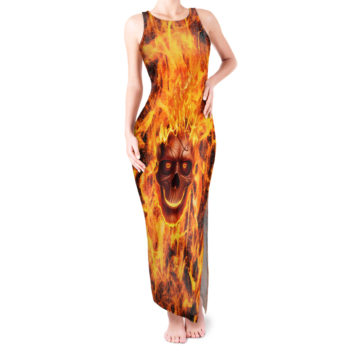 Three Skulls Flaming Tank Maxi Dress High On Fire - Wonder Print Shop