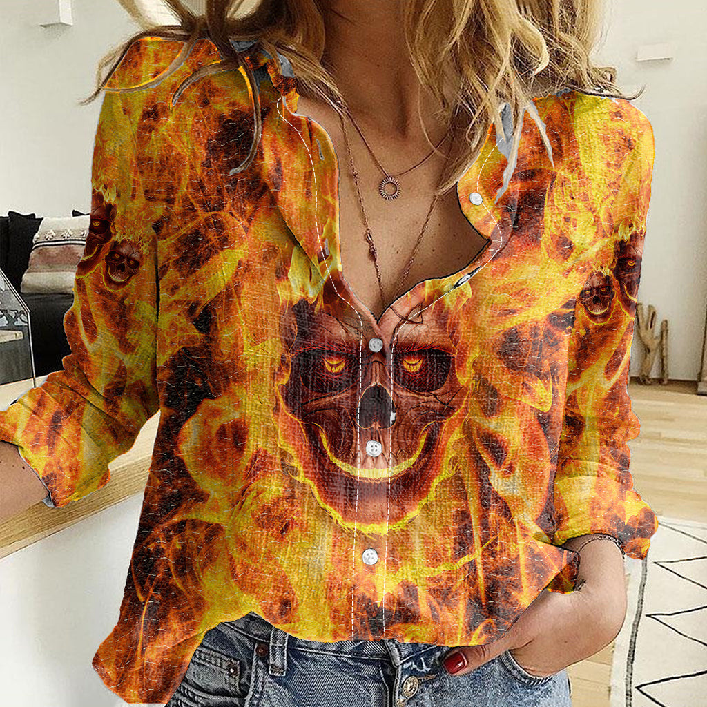 Three Skulls Flaming Women Casual Shirt High On Fire - Wonder Print Shop