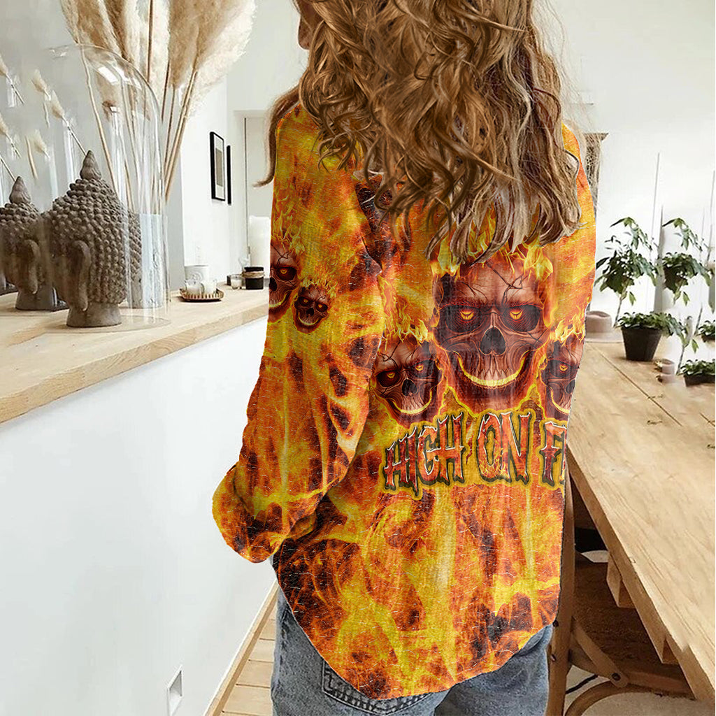 Three Skulls Flaming Women Casual Shirt High On Fire - Wonder Print Shop