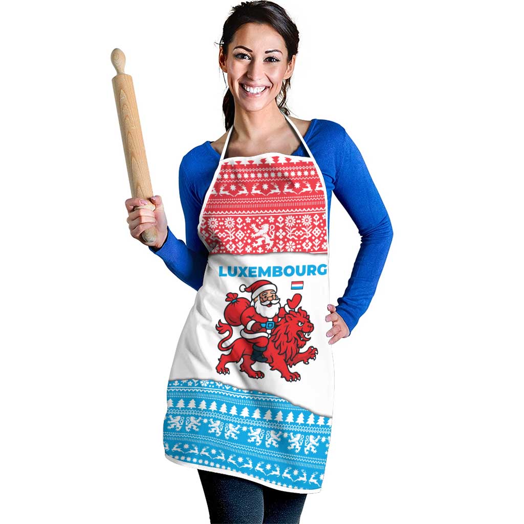 Luxembourg Christmas Apron with Santa Claus Red Lion Snowflake Pattern and National Flag Design - Wonder Print Shop