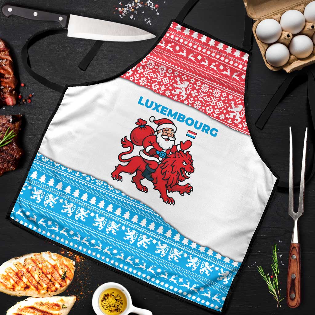 Luxembourg Christmas Apron with Santa Claus Red Lion Snowflake Pattern and National Flag Design - Wonder Print Shop