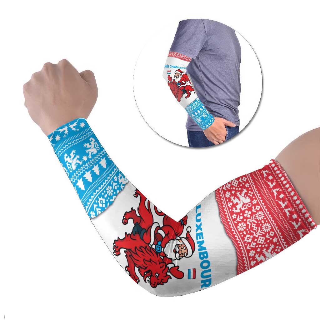 Luxembourg Christmas Arm Sleeves with Santa Claus Red Lion Snowflake Pattern and National Flag Design - Wonder Print Shop