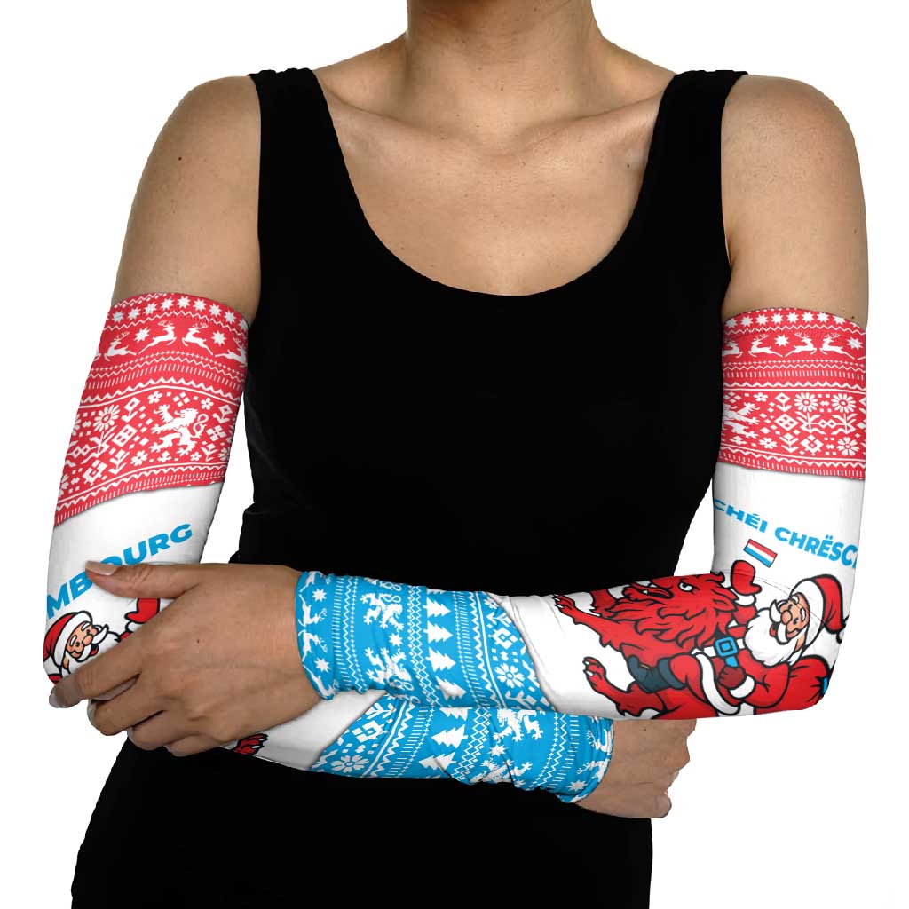 Luxembourg Christmas Arm Sleeves with Santa Claus Red Lion Snowflake Pattern and National Flag Design - Wonder Print Shop