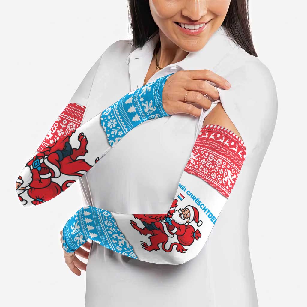 Luxembourg Christmas Arm Sleeves with Santa Claus Red Lion Snowflake Pattern and National Flag Design - Wonder Print Shop