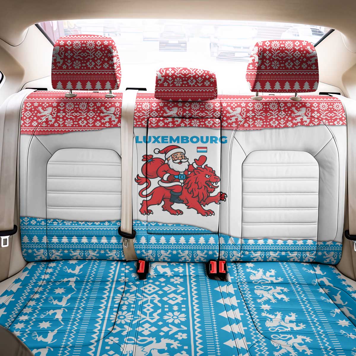 Luxembourg Christmas Back Car Seat Cover with Santa Claus Red Lion Snowflake Pattern and National Flag Design - Wonder Print Shop