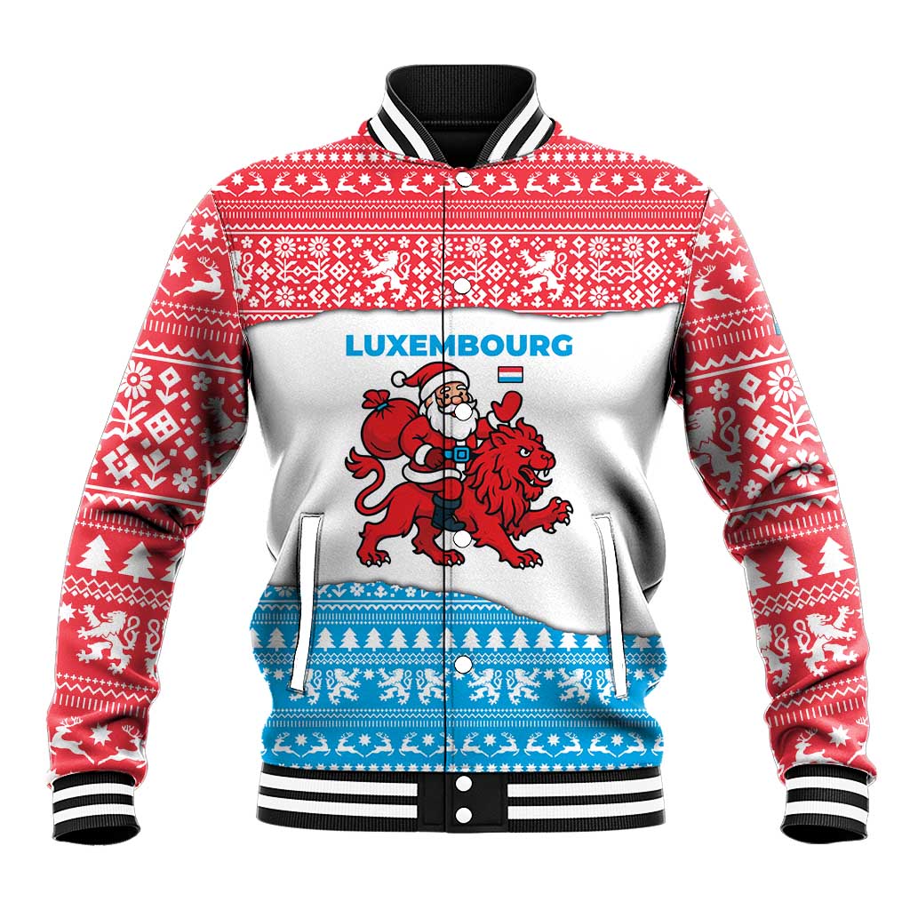Luxembourg Christmas Baseball Jacket with Santa Claus Red Lion Snowflake Pattern and National Flag Design - Wonder Print Shop