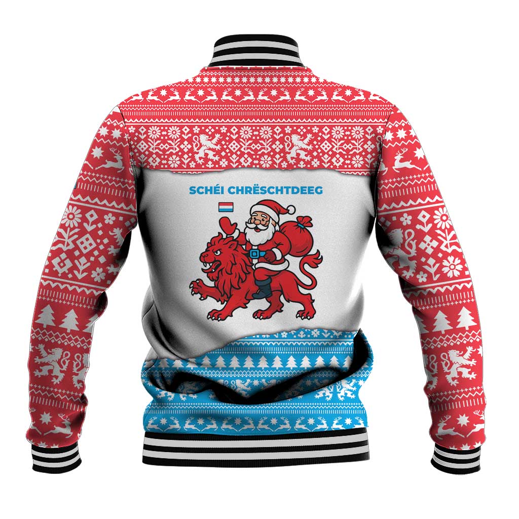 Luxembourg Christmas Baseball Jacket with Santa Claus Red Lion Snowflake Pattern and National Flag Design - Wonder Print Shop