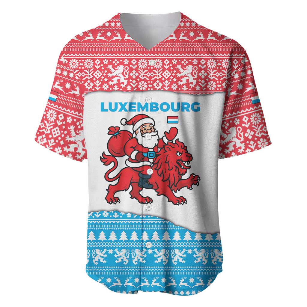 Luxembourg Christmas Baseball Jersey with Santa Claus Red Lion Snowflake Pattern and National Flag Design - Wonder Print Shop
