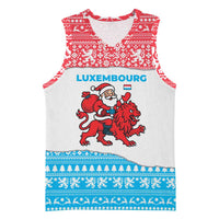 Luxembourg Christmas Basketball Jersey with Santa Claus Red Lion Snowflake Pattern and National Flag Design - Wonder Print Shop