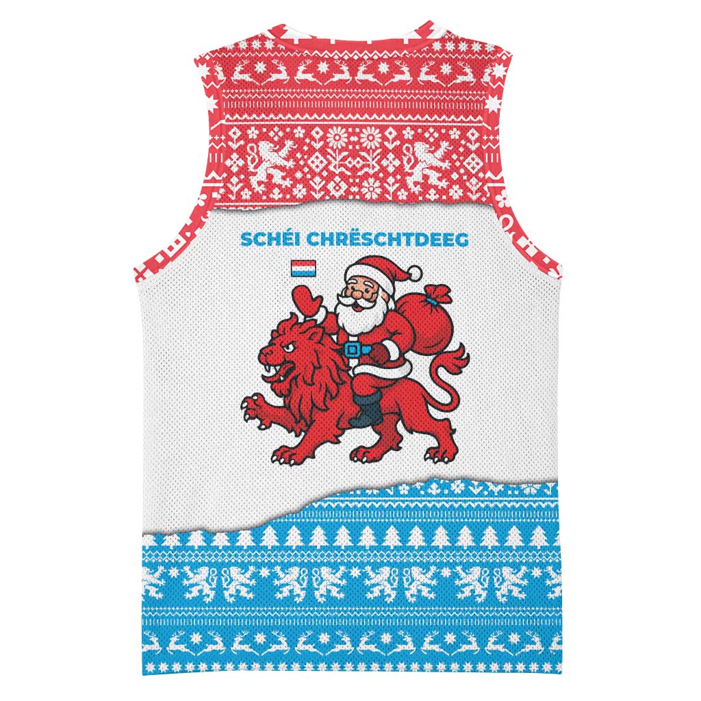 Luxembourg Christmas Basketball Jersey with Santa Claus Red Lion Snowflake Pattern and National Flag Design - Wonder Print Shop