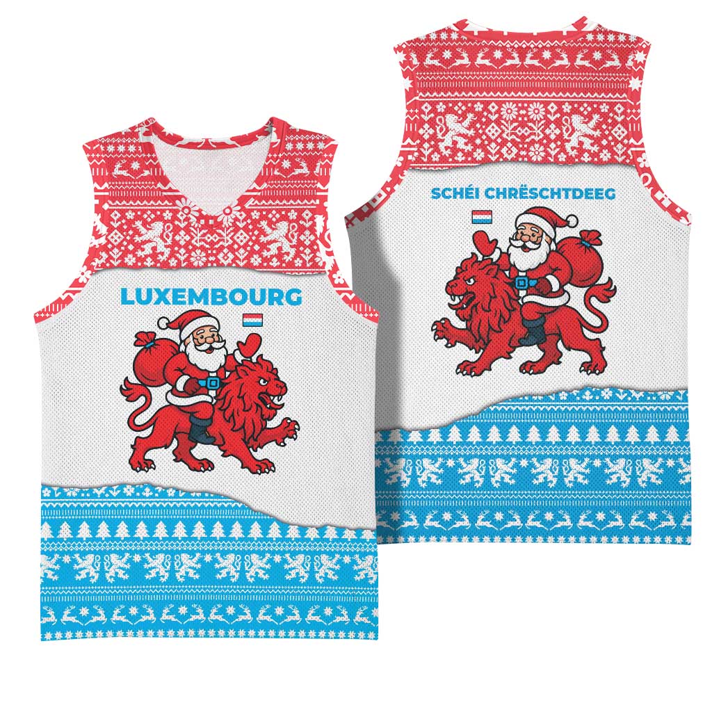 Luxembourg Christmas Basketball Jersey with Santa Claus Red Lion Snowflake Pattern and National Flag Design - Wonder Print Shop