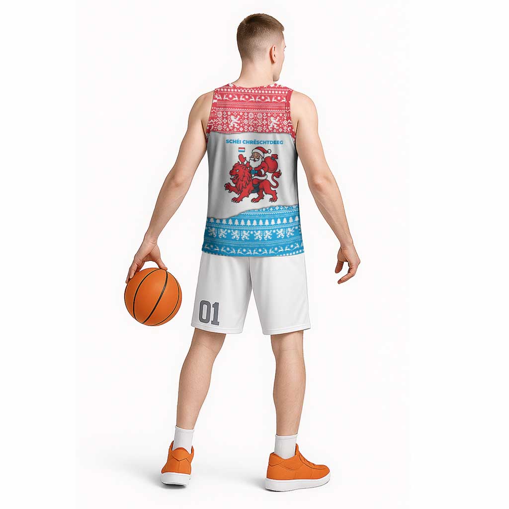 Luxembourg Christmas Basketball Jersey with Santa Claus Red Lion Snowflake Pattern and National Flag Design - Wonder Print Shop