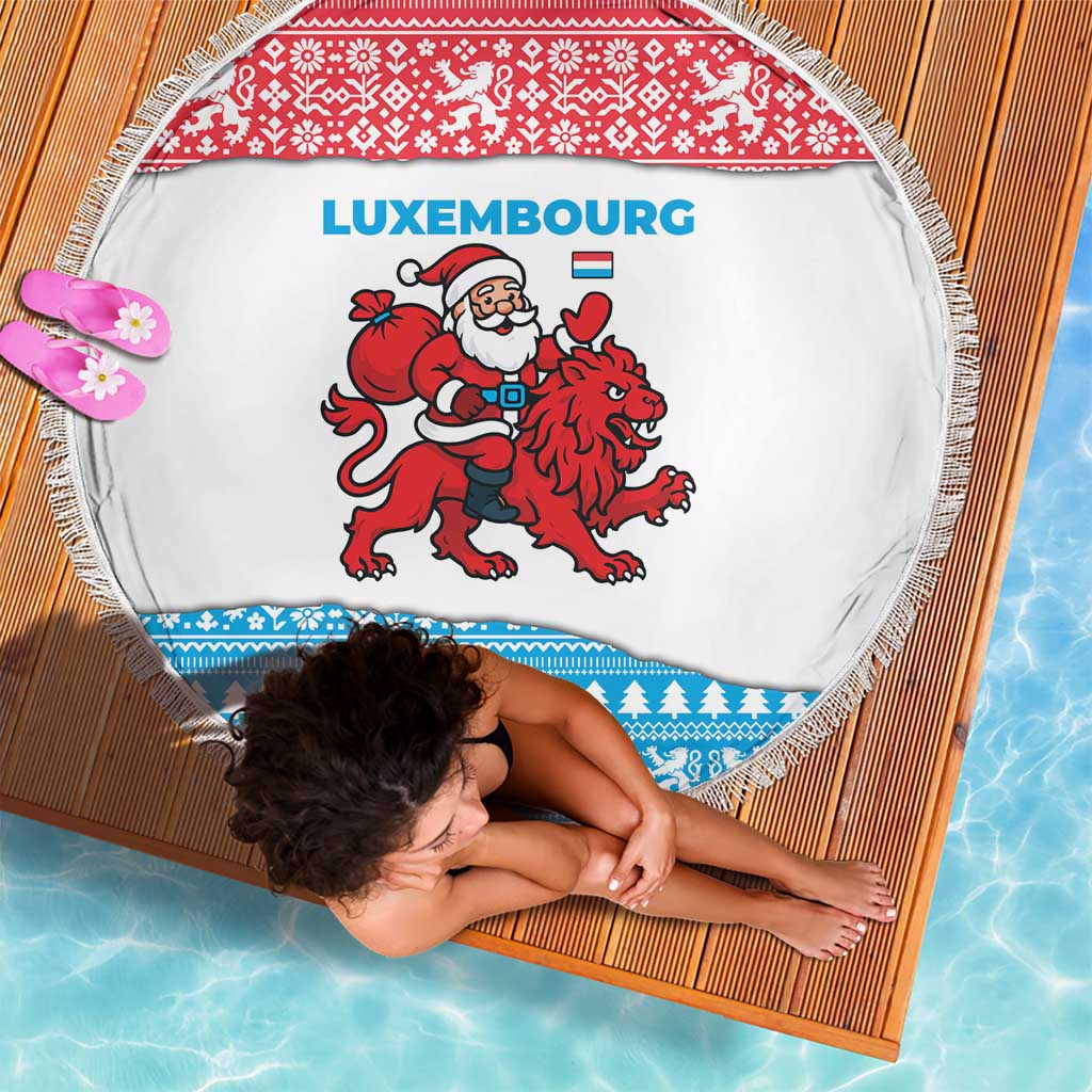 Luxembourg Christmas Beach Blanket with Santa Claus Red Lion Snowflake Pattern and National Flag Design - Wonder Print Shop