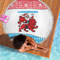 Luxembourg Christmas Beach Blanket with Santa Claus Red Lion Snowflake Pattern and National Flag Design - Wonder Print Shop