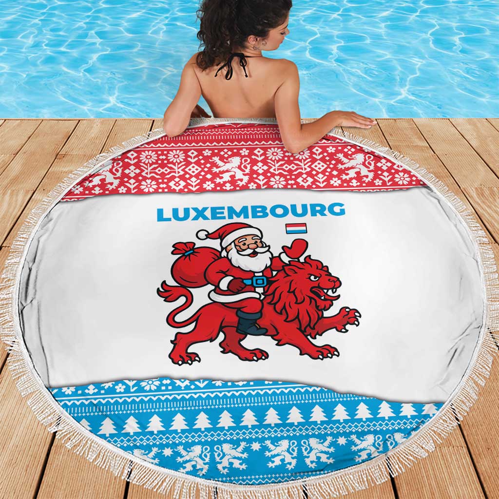 Luxembourg Christmas Beach Blanket with Santa Claus Red Lion Snowflake Pattern and National Flag Design - Wonder Print Shop
