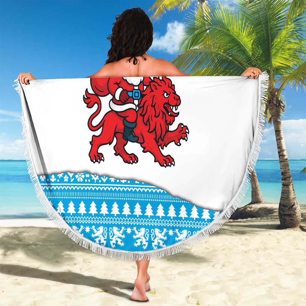 Luxembourg Christmas Beach Blanket with Santa Claus Red Lion Snowflake Pattern and National Flag Design - Wonder Print Shop