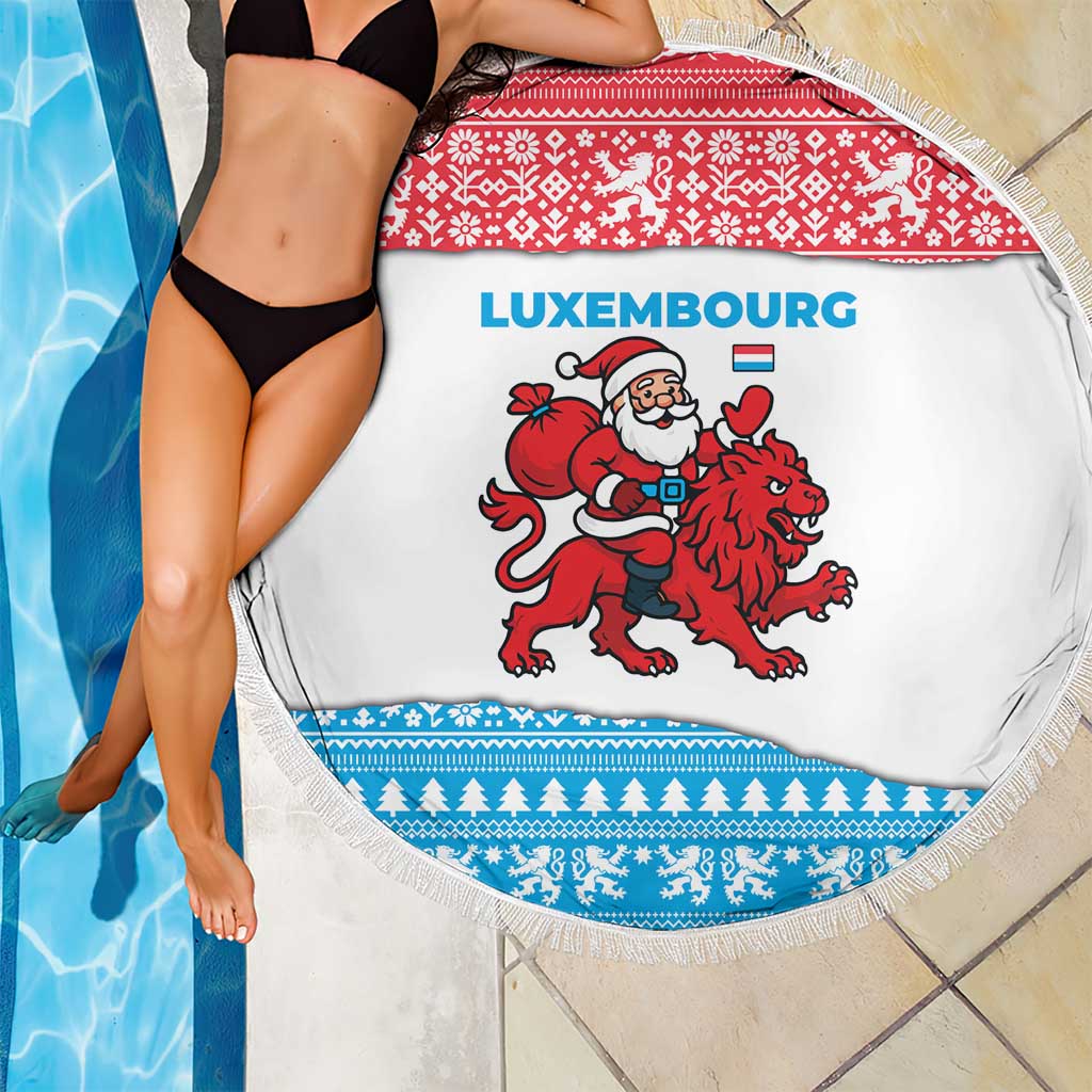 Luxembourg Christmas Beach Blanket with Santa Claus Red Lion Snowflake Pattern and National Flag Design - Wonder Print Shop