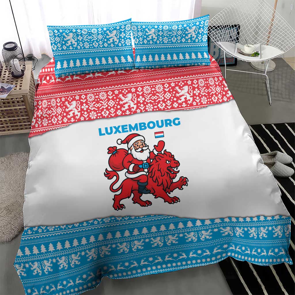 Luxembourg Christmas Bedding Set with Santa Claus Red Lion Snowflake Pattern and National Flag Design - Wonder Print Shop