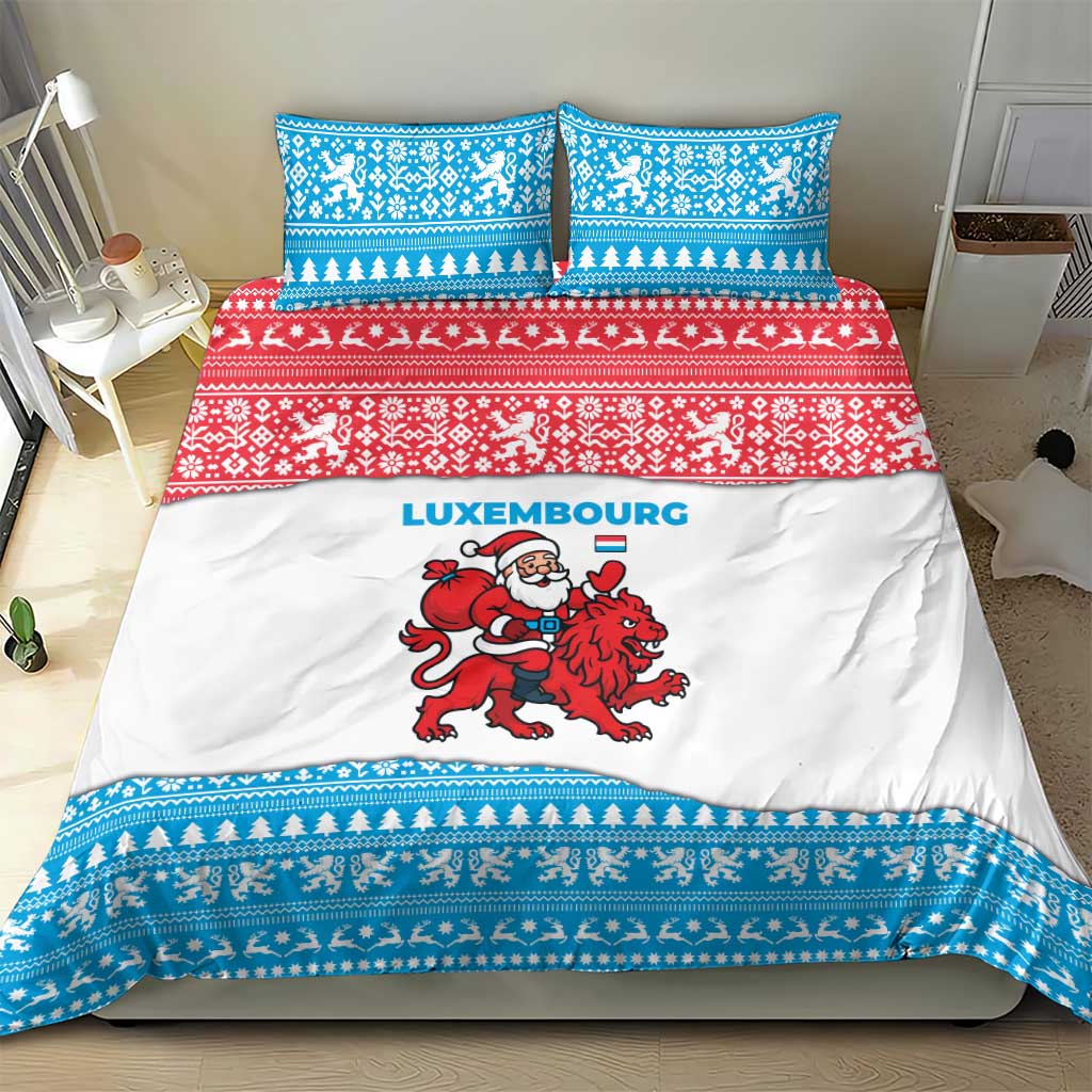Luxembourg Christmas Bedding Set with Santa Claus Red Lion Snowflake Pattern and National Flag Design - Wonder Print Shop