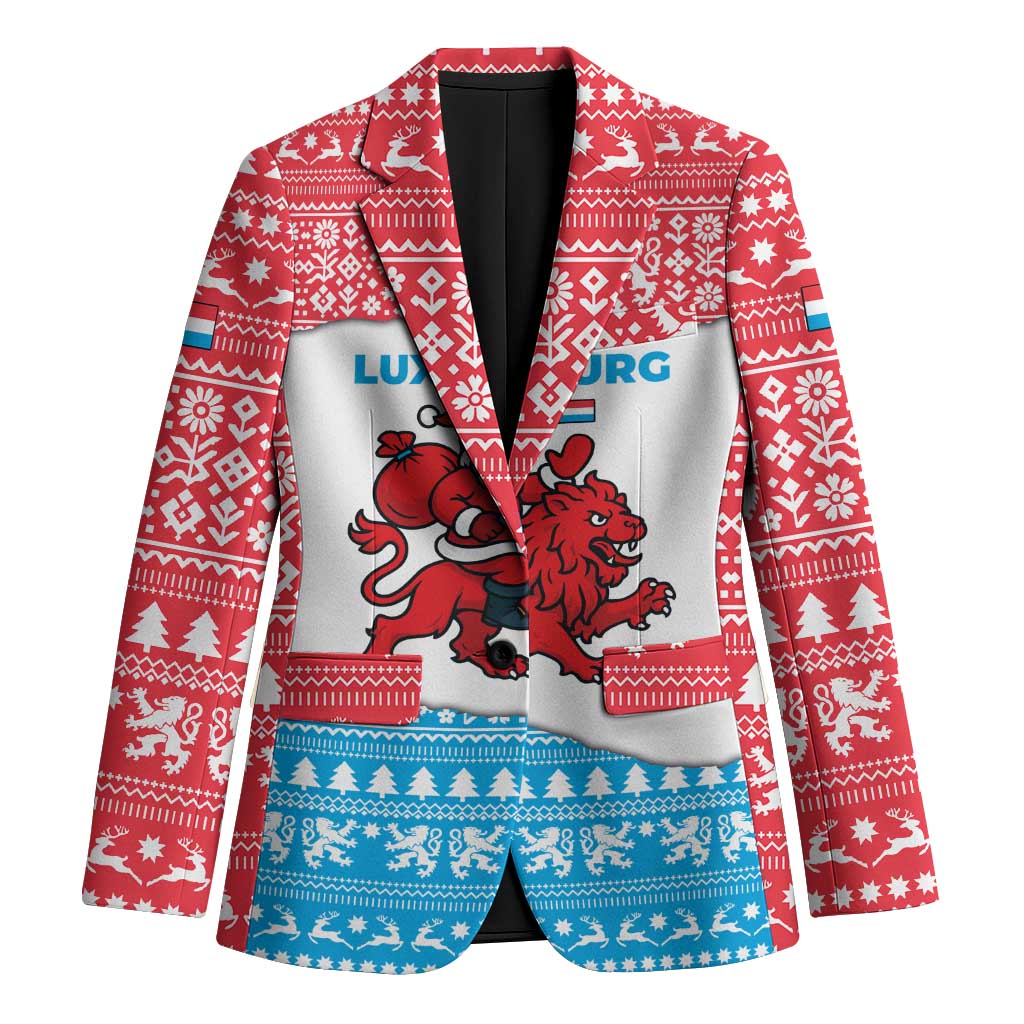 Luxembourg Christmas Blazer with Santa Claus Red Lion Snowflake Pattern and National Flag Design - Wonder Print Shop