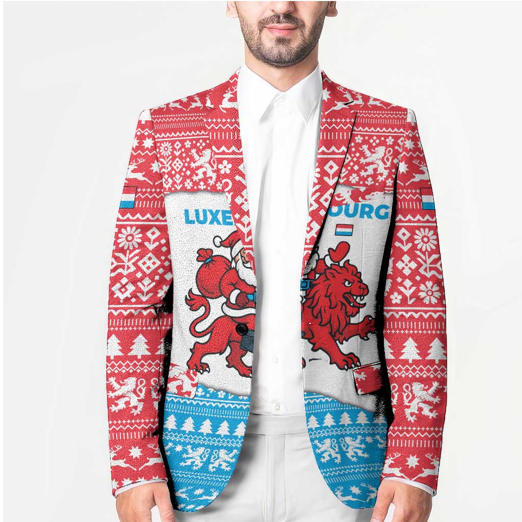 Luxembourg Christmas Blazer with Santa Claus Red Lion Snowflake Pattern and National Flag Design - Wonder Print Shop