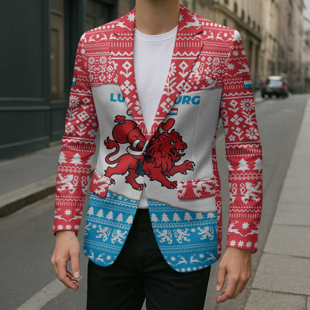Luxembourg Christmas Blazer with Santa Claus Red Lion Snowflake Pattern and National Flag Design - Wonder Print Shop