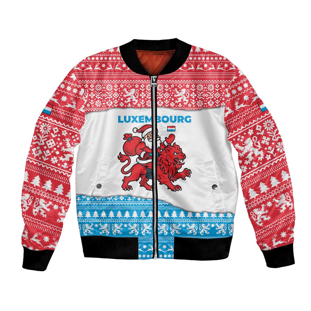 Luxembourg Christmas Bomber Jacket with Santa Claus Red Lion Snowflake Pattern and National Flag Design - Wonder Print Shop