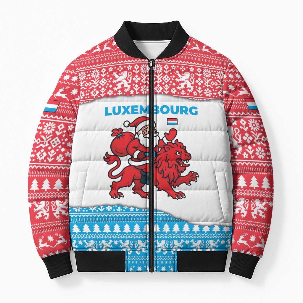 Luxembourg Christmas Bomber Puffer Jacket with Santa Claus Red Lion Snowflake Pattern and National Flag Design - Wonder Print Shop