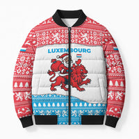 Luxembourg Christmas Bomber Puffer Jacket with Santa Claus Red Lion Snowflake Pattern and National Flag Design - Wonder Print Shop