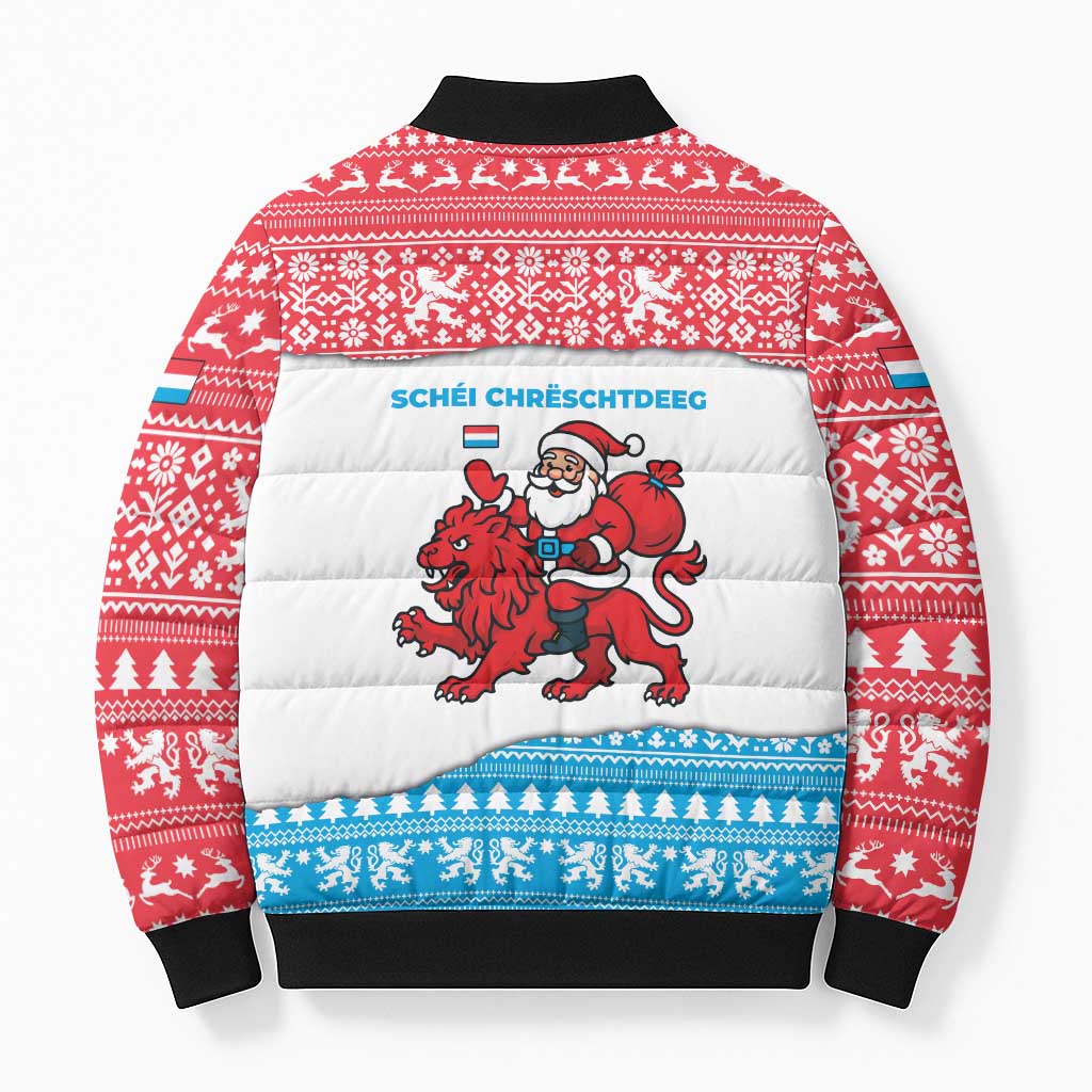 Luxembourg Christmas Bomber Puffer Jacket with Santa Claus Red Lion Snowflake Pattern and National Flag Design - Wonder Print Shop