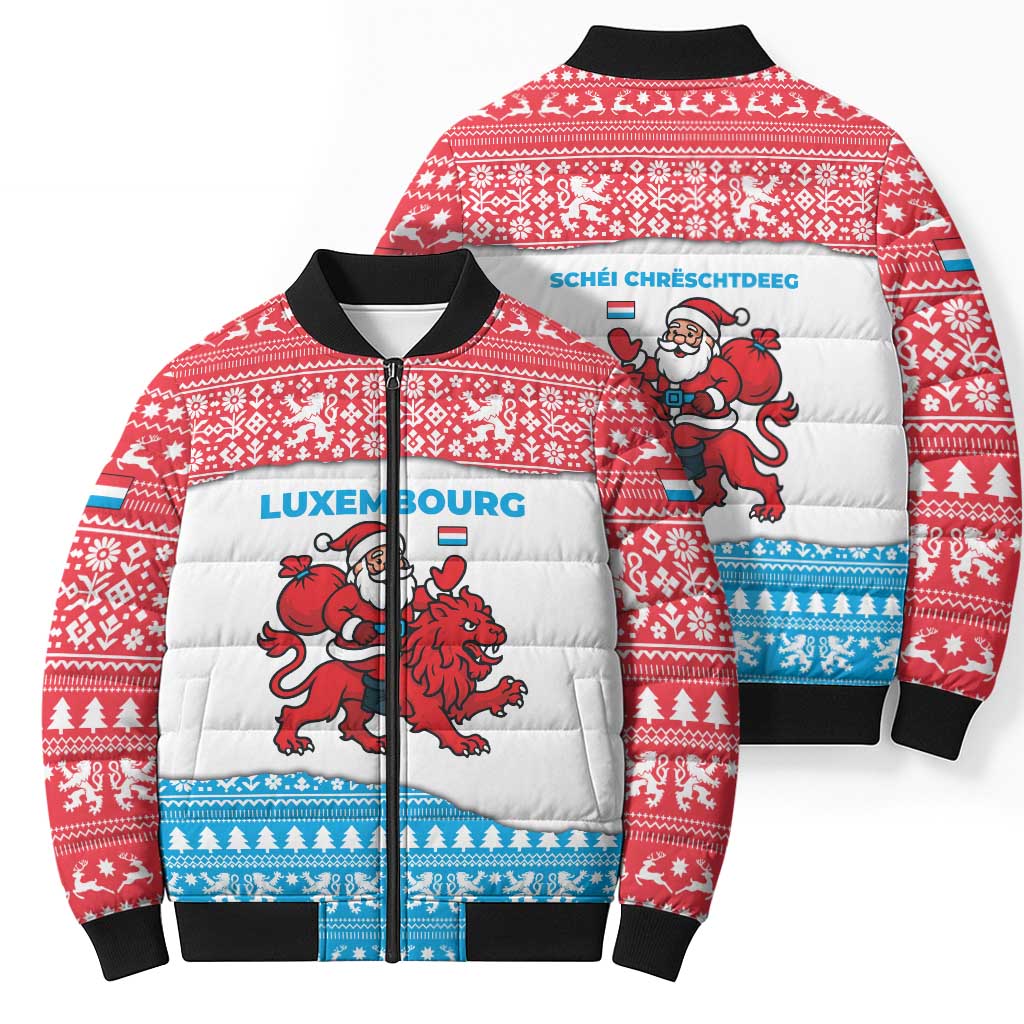 Luxembourg Christmas Bomber Puffer Jacket with Santa Claus Red Lion Snowflake Pattern and National Flag Design - Wonder Print Shop
