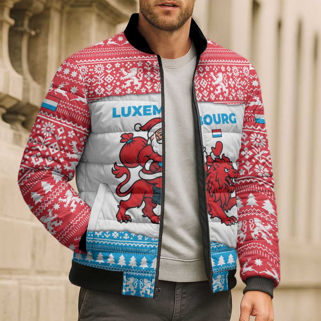 Luxembourg Christmas Bomber Puffer Jacket with Santa Claus Red Lion Snowflake Pattern and National Flag Design - Wonder Print Shop