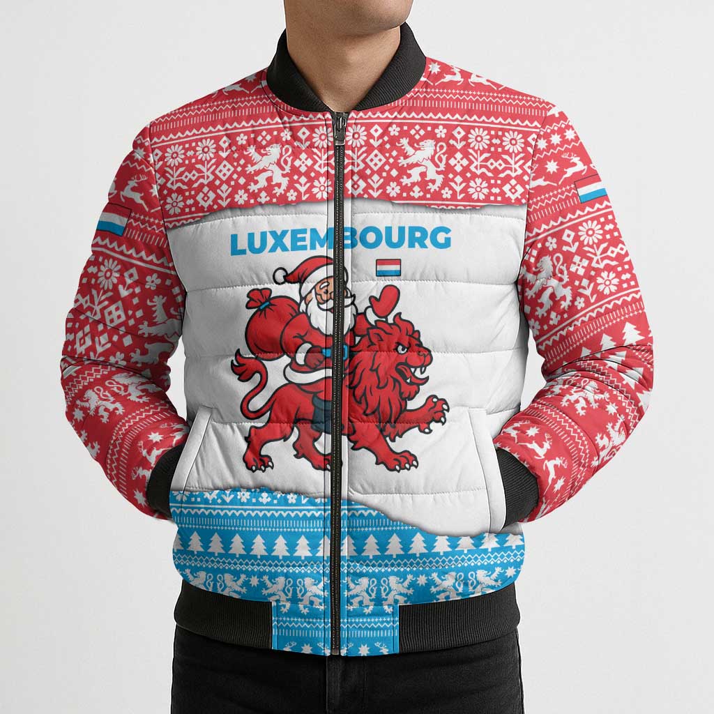 Luxembourg Christmas Bomber Puffer Jacket with Santa Claus Red Lion Snowflake Pattern and National Flag Design - Wonder Print Shop